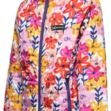 Arctix Girls Aero Hooded Insulated Jacket 2023 - A pastel pink jacket with a floral pattern of red, orange, yellow and purple flowers.
