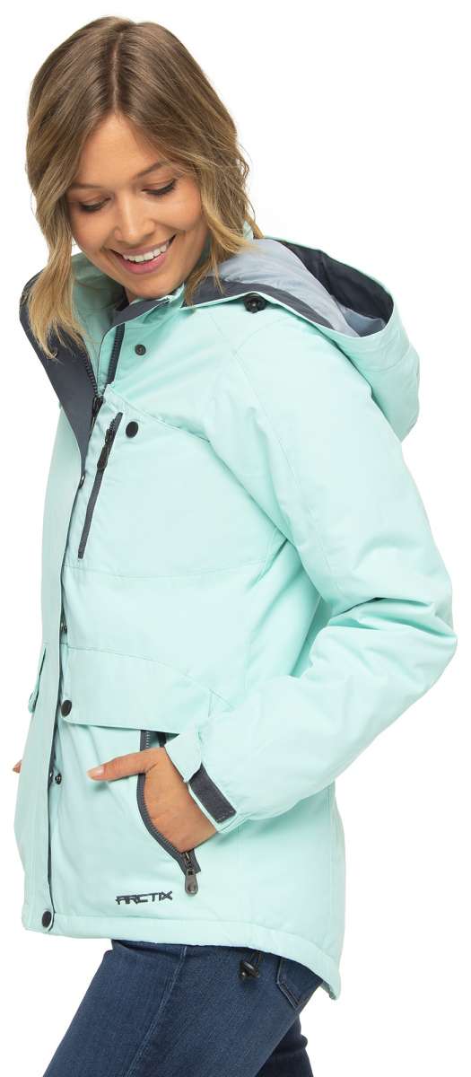 Arctix Women's Daybreak Insulated Jacket - A light blue jacket with a hood, featuring black zippers and buttons on the front.