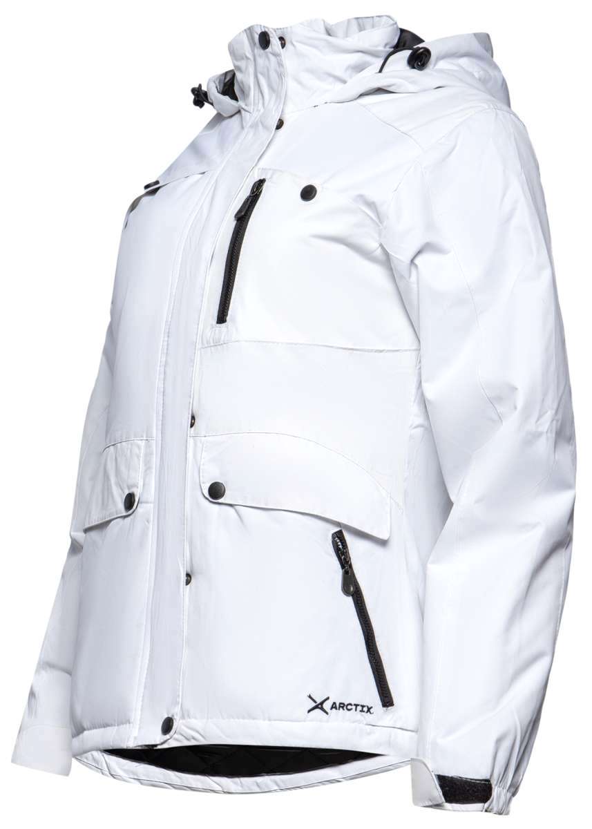 Arctix Women's Daybreak Insulated Jacket 2022 - A white jacket with black zippers and snaps, featuring a hood and multiple pockets.