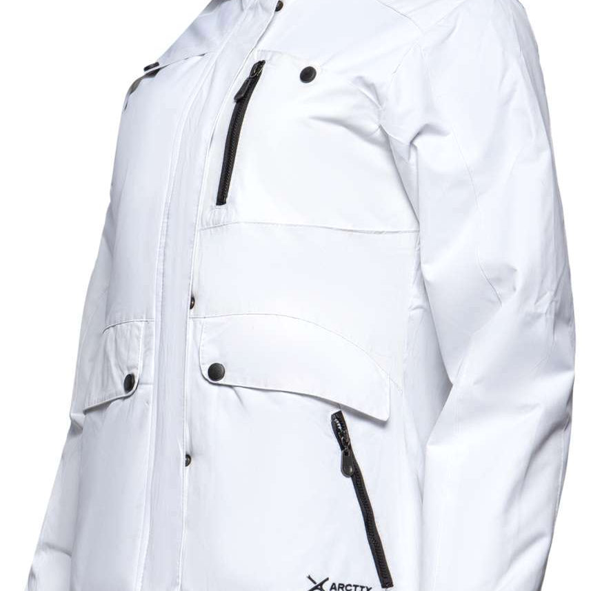 Arctix Women's Daybreak Insulated Jacket 2022 - A white jacket with black zippers and snaps, featuring a hood and multiple pockets.