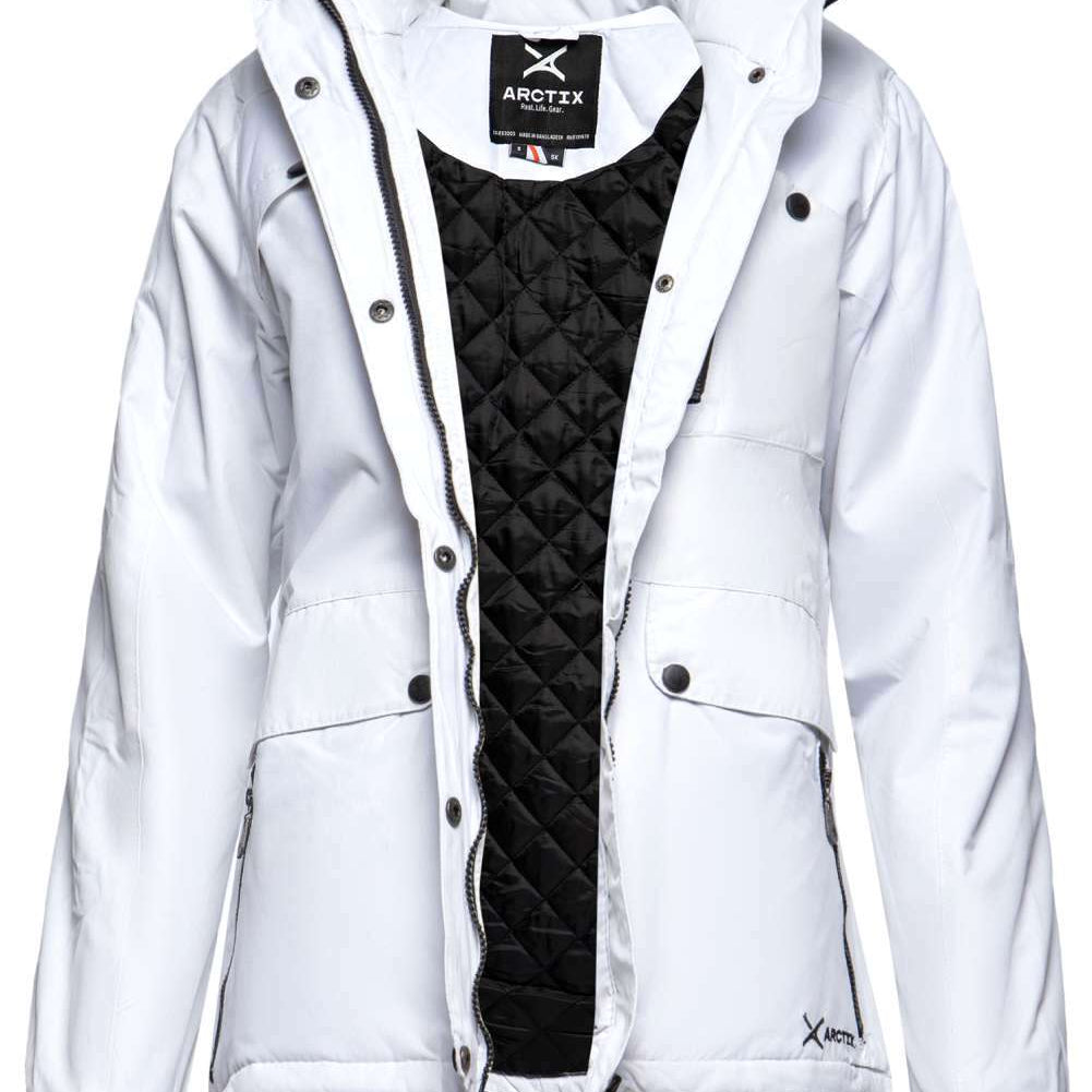 Arctix Women's Daybreak Insulated Jacket 2022 - A white insulated jacket with a hood, featuring black zippers and buttons.