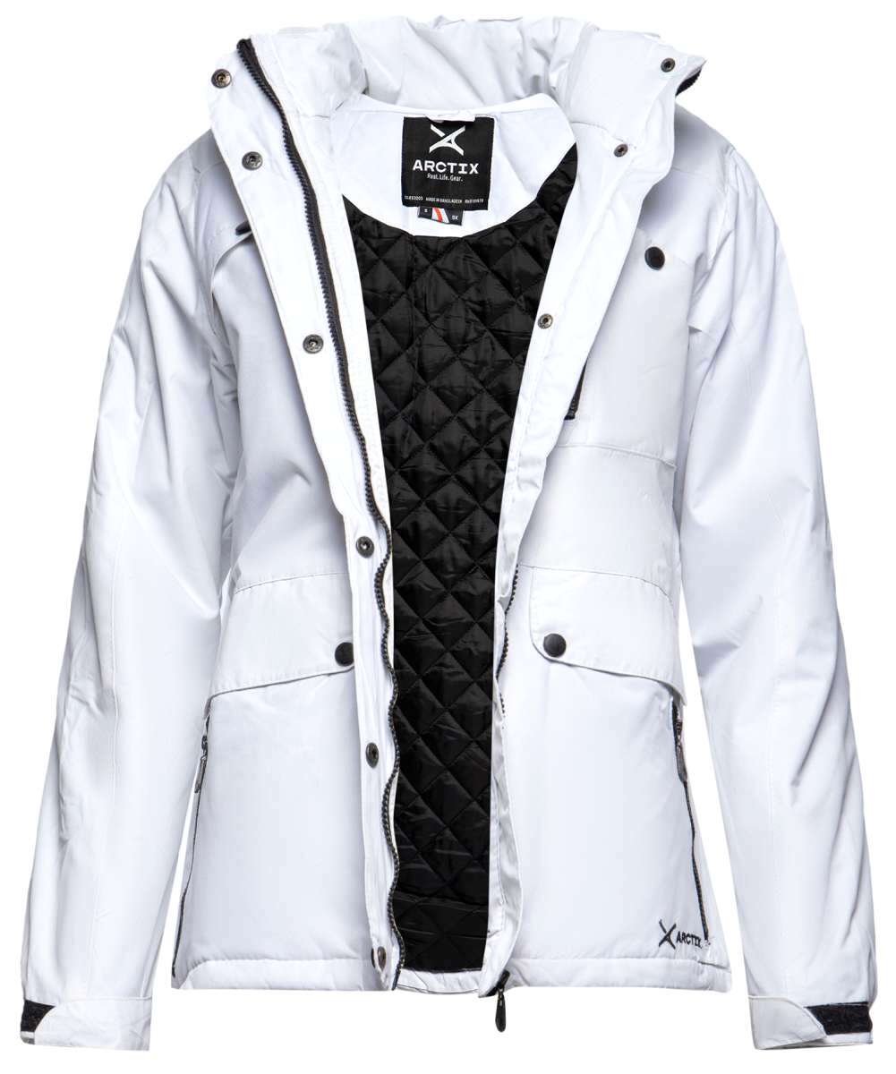 Arctix Women's Daybreak Insulated Jacket 2022 - A white insulated jacket with a hood, featuring black zippers and buttons.
