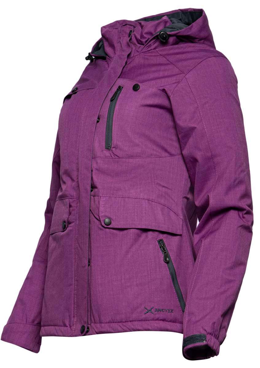 Arctix Women's Daybreak Insulated Jacket 2022 - A purple jacket with a hood, featuring black zippers and buttons.