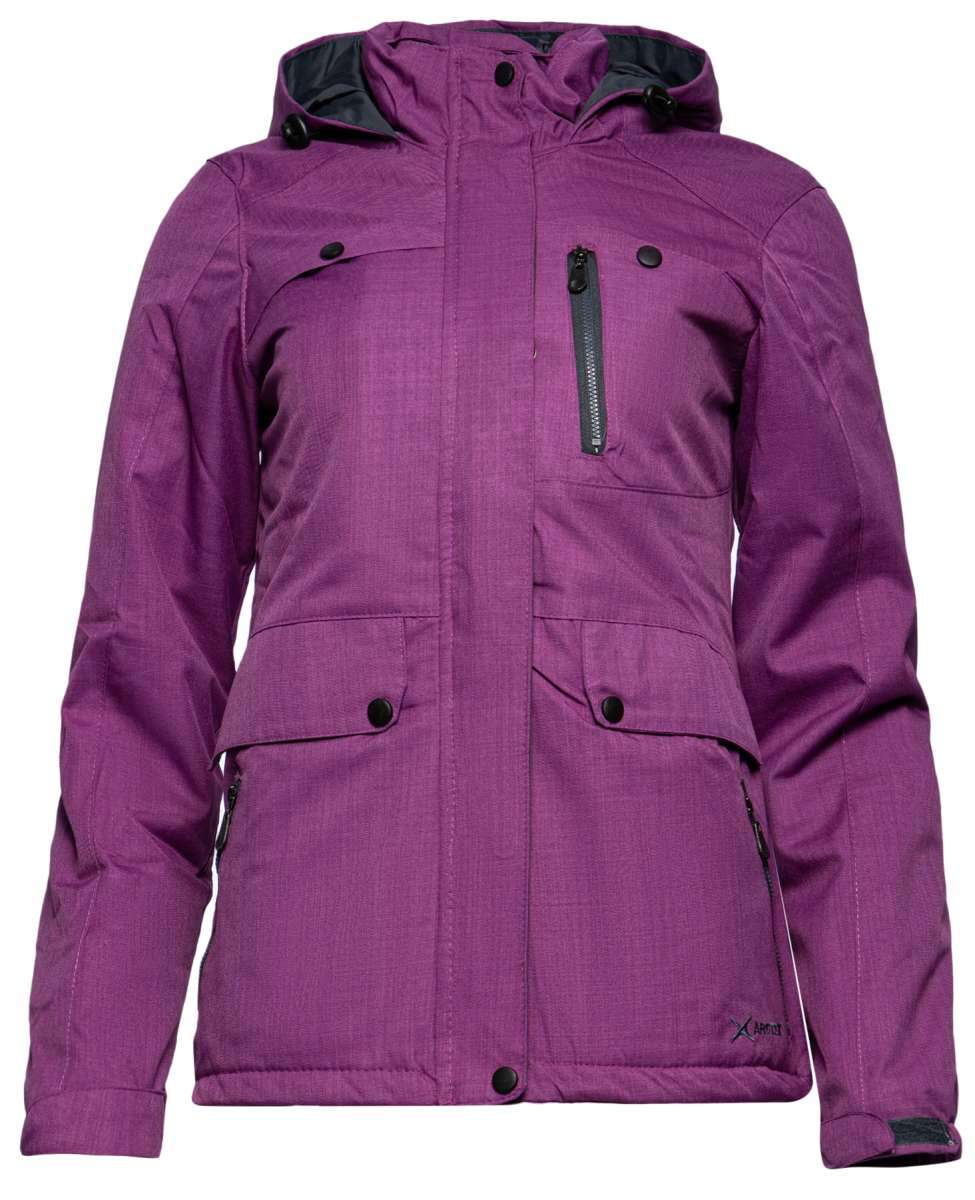 Arctix Women's Daybreak Insulated Jacket 2022 - A purple jacket with a hood, featuring black zippers and buttons.