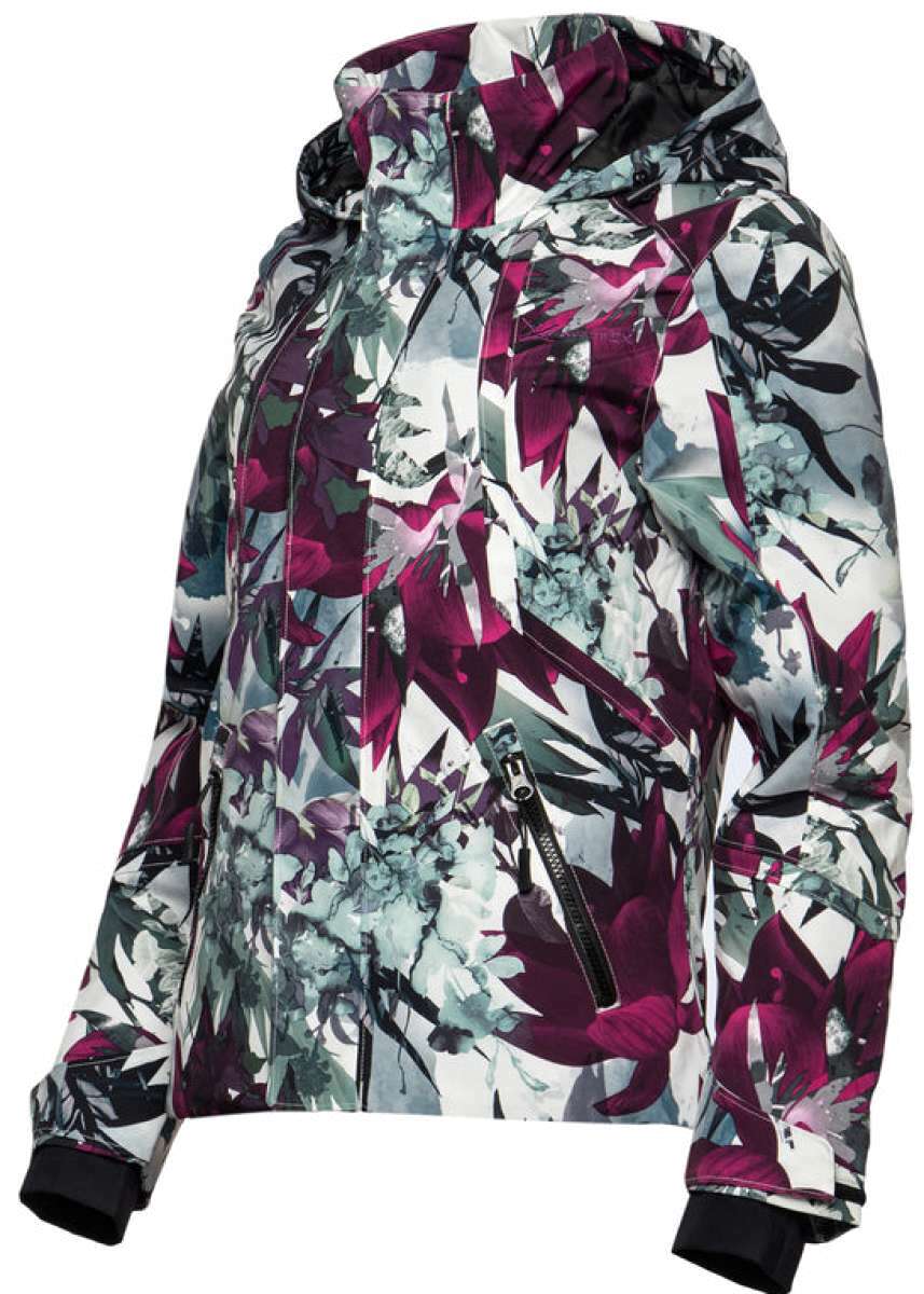 Arctix Women's Blizzard Insulated Jacket - A white jacket with a floral pattern of purple and green flowers, featuring a hood and zipper down the front.