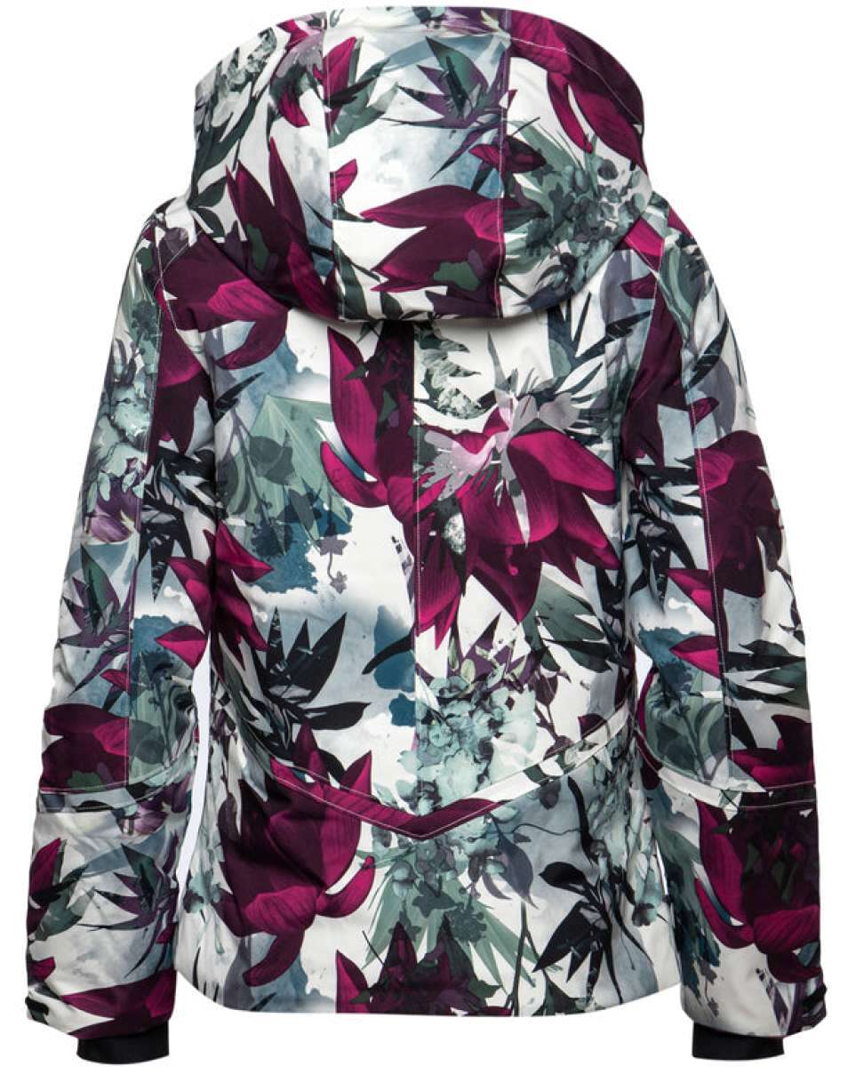 Arctix Women's Blizzard Insulated Jacket - A white jacket with a floral pattern of magenta and teal flowers, featuring a hood and zippered pockets.