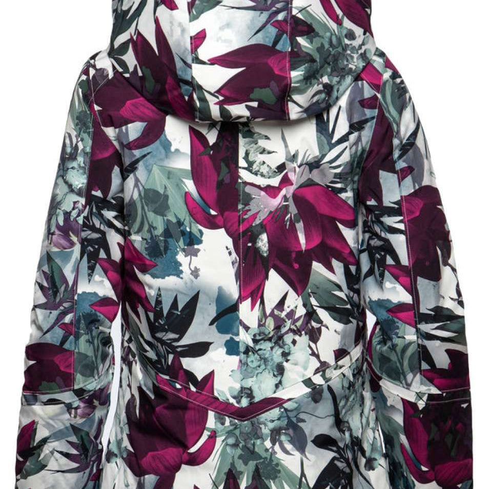 Arctix Women's Blizzard Insulated Jacket - A white jacket with a floral pattern of magenta and teal flowers, featuring a hood and zippered pockets.