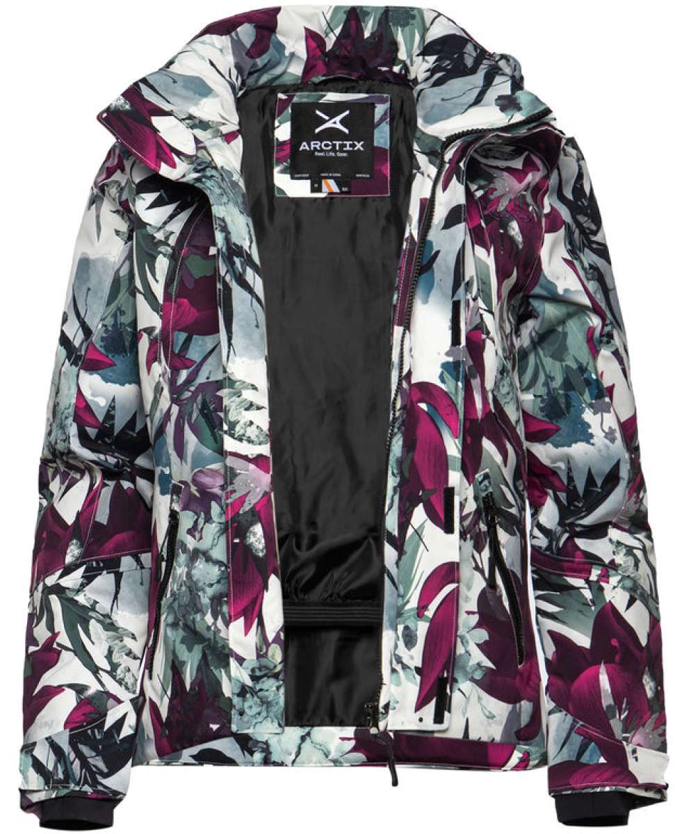 Arctix Women's Blizzard Insulated Jacket 2024 - A white jacket with a floral pattern of purple and green leaves, featuring a hood and zipper closure.