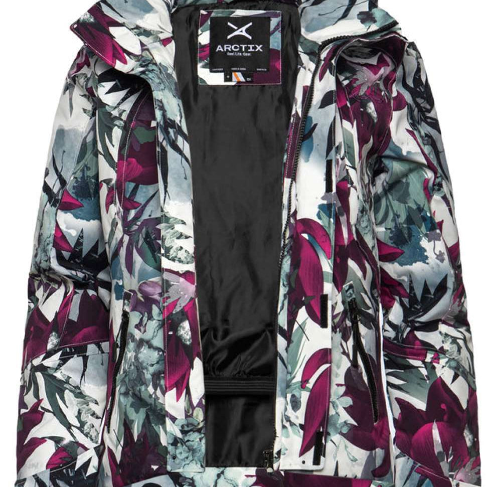 Arctix Women's Blizzard Insulated Jacket 2024 - A white jacket with a floral pattern of purple and green leaves, featuring a hood and zipper closure.