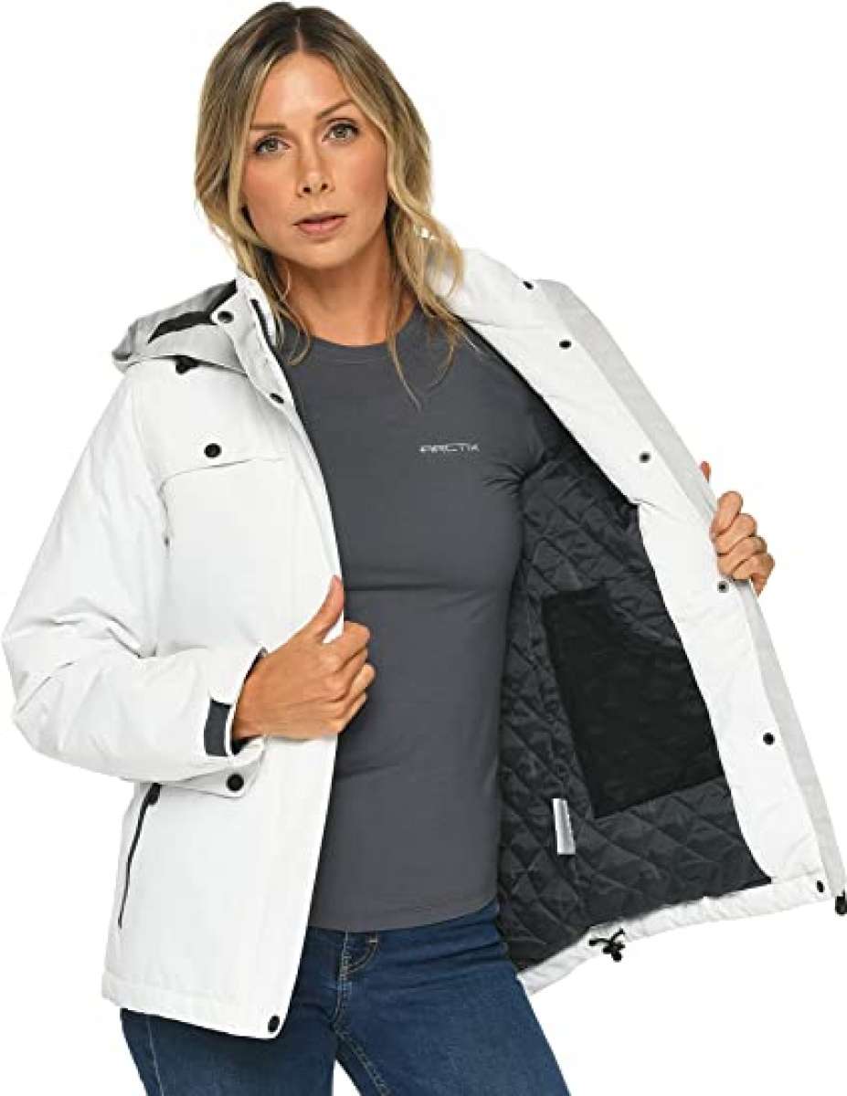 Arctix Women's Daybreak Insulated Jacket - A white jacket with a hood, featuring black zippers and buttons on the front pockets.