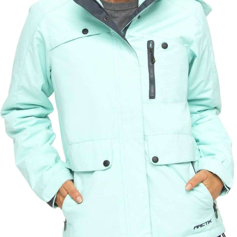 Arctix Women's Daybreak Insulated Jacket 2023 - A light blue jacket with a hood, featuring black zippers and buttons.