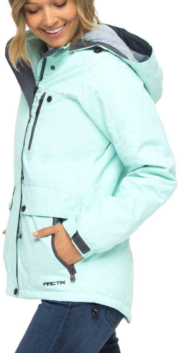 Arctix Women's Daybreak Insulated Jacket 2023 - A light blue jacket with a hood, featuring black zippers and buttons.