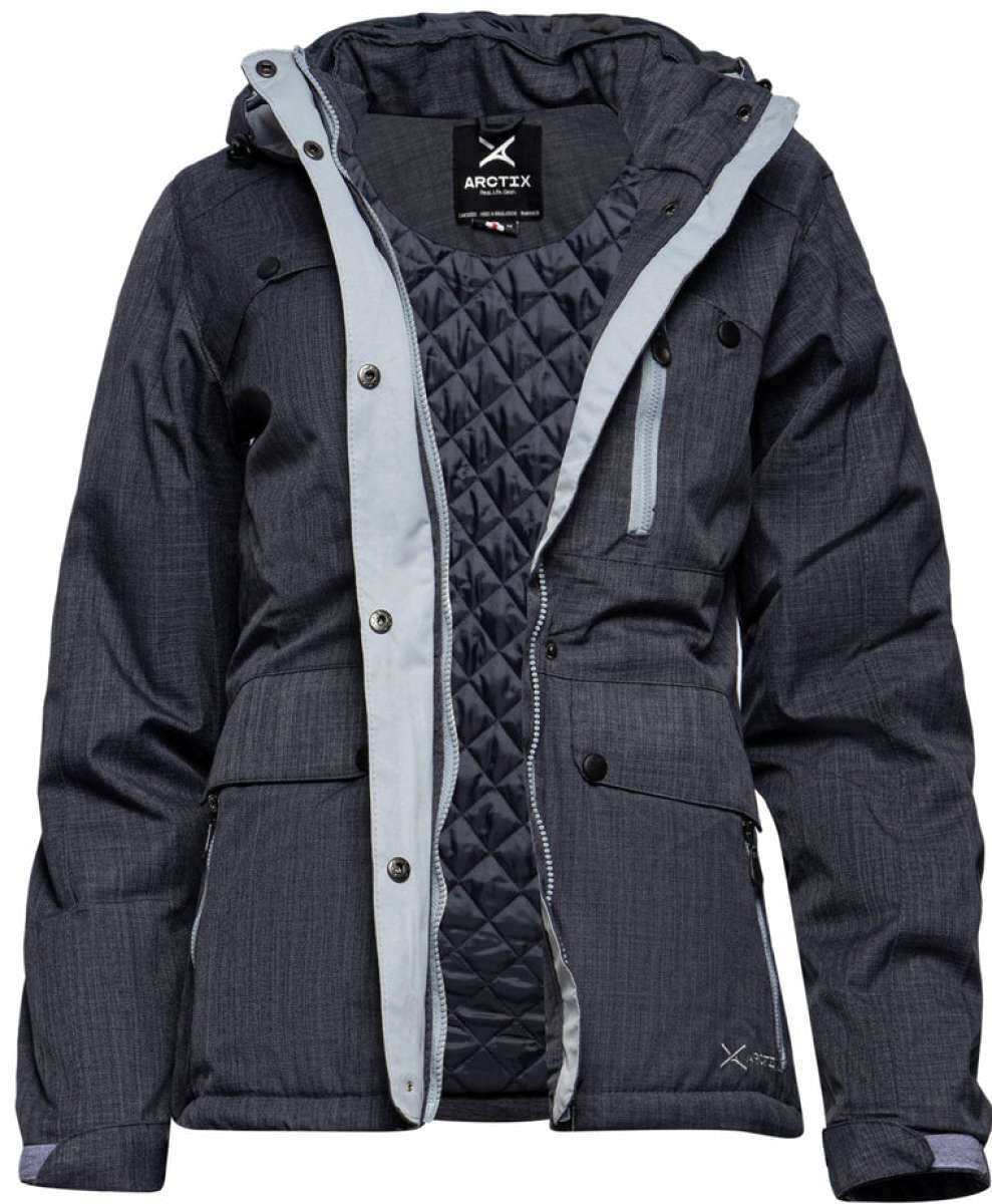 Arctix Women's Daybreak Insulated Jacket 2023 - A dark gray jacket with a quilted pattern on the front and back, featuring a hood and zippered pockets.