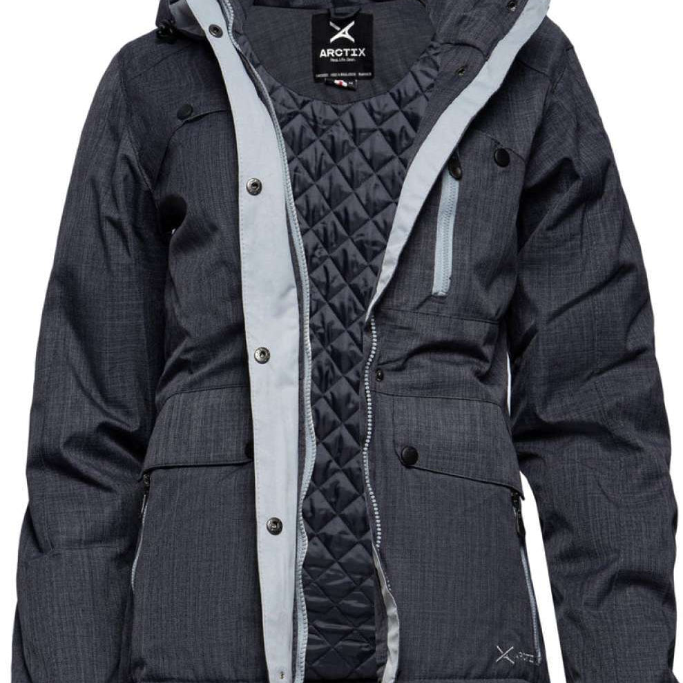 Arctix Women's Daybreak Insulated Jacket 2023 - A dark gray jacket with a quilted pattern on the front and back, featuring a hood and zippered pockets.