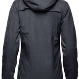 Arctix Women's Daybreak Insulated Jacket 2023 - A dark gray jacket with a hood, featuring a subtle grid pattern and zippered pockets on both sides.