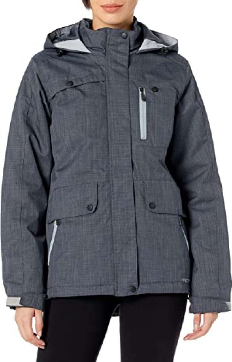 Arctix Women's Daybreak Insulated Jacket - A dark grey jacket with a hood, featuring two zippered pockets and one flap pocket on the front.