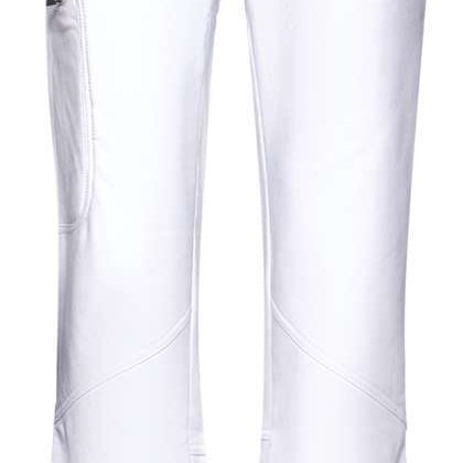 Arctix Women's Sarah Softshell Pant 2022 - A pair of white snow pants with a small black logo on the left thigh and two silver snaps at the waistband.