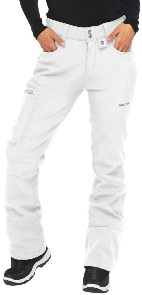 Arctix Ladies Sarah Softshell Pant 2023 - A pair of white snow pants with a small black logo on the left leg, featuring two pockets and a belt loop.
