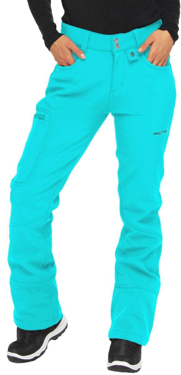 Arctix Ladies Sarah Softshell Pant 2023 - A pair of bright turquoise snow pants with a small black logo on the left leg that reads "ARCTIX".