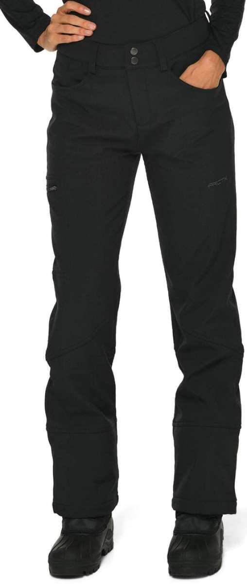 Arctix Ladies Sarah Softshell Pant - Black pants with two zippered pockets on the side and a small logo embroidered near the bottom of one leg.