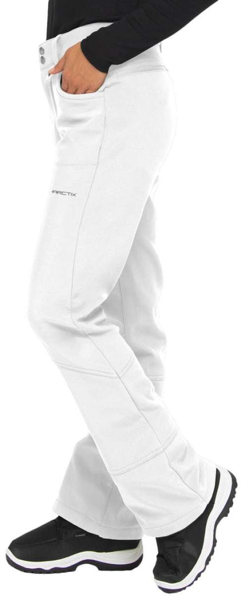 Arctix Ladies Sarah Softshell Pant 2023 - A pair of white snow pants with a black logo on the left leg.
