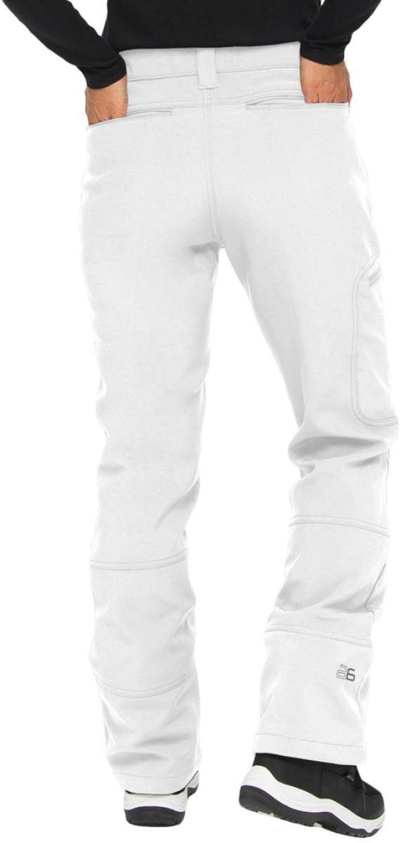Arctix Ladies Sarah Softshell Pant 2023 - A pair of white snow pants with a subtle pattern on the left leg, featuring two zippered pockets and a belt loop at the back.