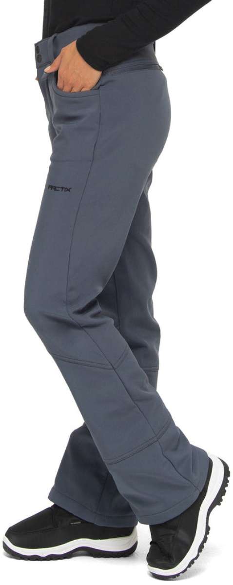 Arctix Ladies Sarah Softshell Pant 2023 - A pair of gray softshell pants with a black logo on the left leg.