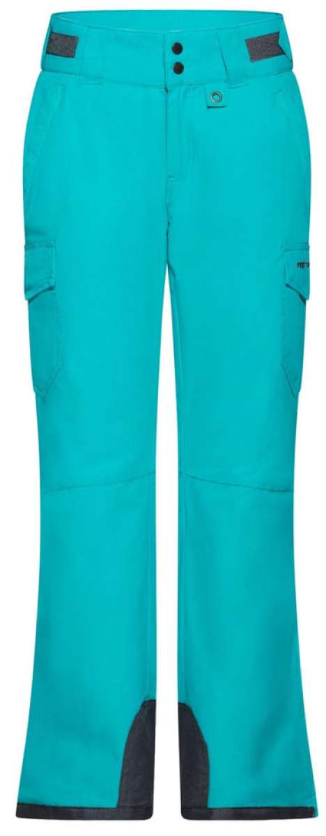 Arctix Women's Snowsports Cargo Pants 2023 - Pair of women's snow sports cargo pants in a solid teal color with two black snap buttons on the waistband and one cargo pocket on each thigh.