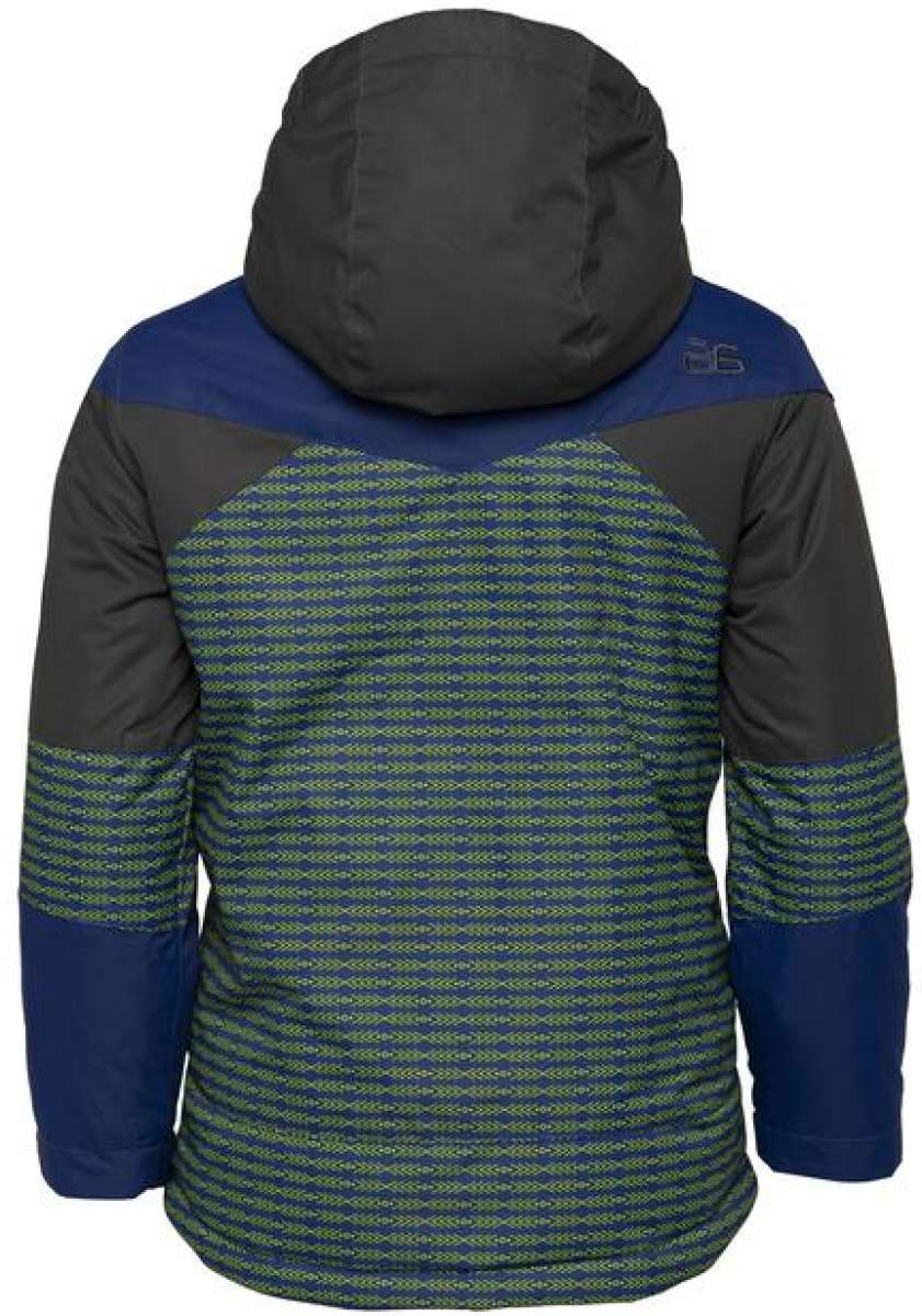 Arctix Boys Ronan Insulated Jacket - A navy blue jacket with a green and white geometric pattern on the front, featuring a hood and dark gray accents around the shoulders and sleeves.