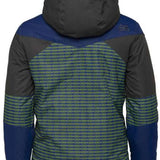 Arctix Boys Ronan Insulated Jacket - A navy blue jacket with a green and white geometric pattern on the front, featuring a hood and dark gray accents around the shoulders and sleeves.