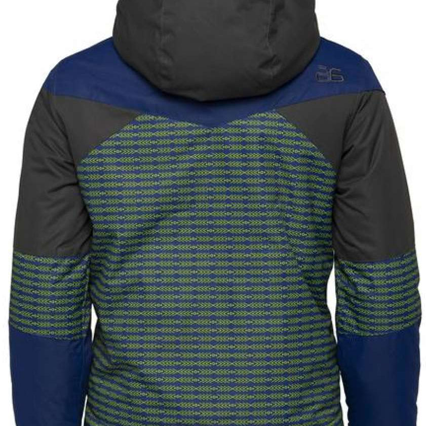 Arctix Boys Ronan Insulated Jacket - A navy blue jacket with a green and white geometric pattern on the front, featuring a hood and dark gray accents around the shoulders and sleeves.