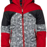 Arctix Boys Ronan Insulated Jacket 2023 - A black and red jacket with a geometric pattern on the front, featuring a zipper down the middle.