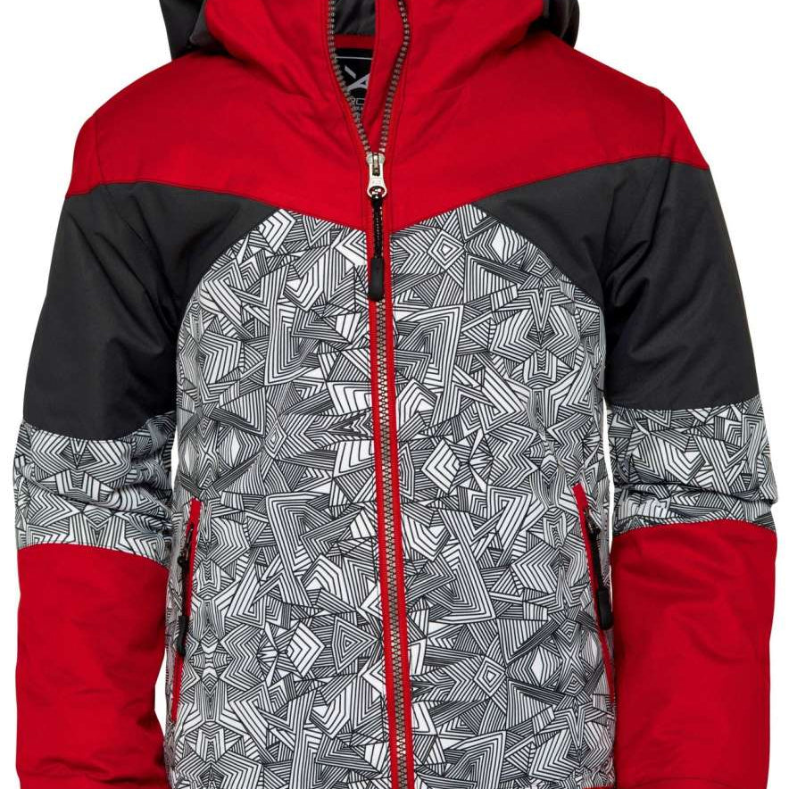 Arctix Boys Ronan Insulated Jacket 2023 - A black and red jacket with a geometric pattern on the front, featuring a zipper down the middle.