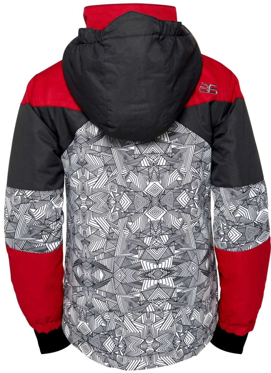 Arctix Boys Ronan Insulated Jacket 2023 - A black and red jacket with a geometric pattern on the back, featuring a hood and zippered pockets.