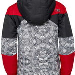 Arctix Boys Ronan Insulated Jacket 2023 - A black and red jacket with a geometric pattern on the back, featuring a hood and zippered pockets.