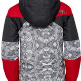 Arctix Boys Ronan Insulated Jacket 2023 - A black and red jacket with a geometric pattern on the back, featuring a hood and zippered pockets.