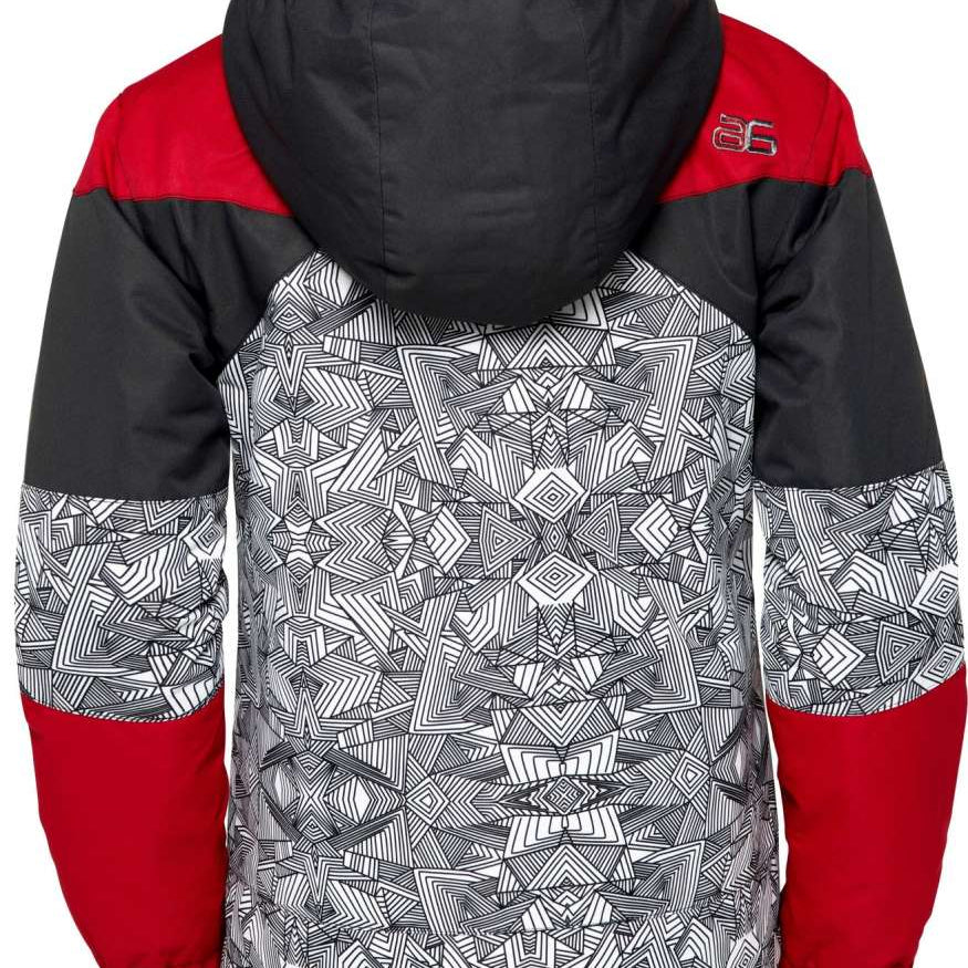 Arctix Boys Ronan Insulated Jacket 2023 - A black and red jacket with a geometric pattern on the back, featuring a hood and zippered pockets.