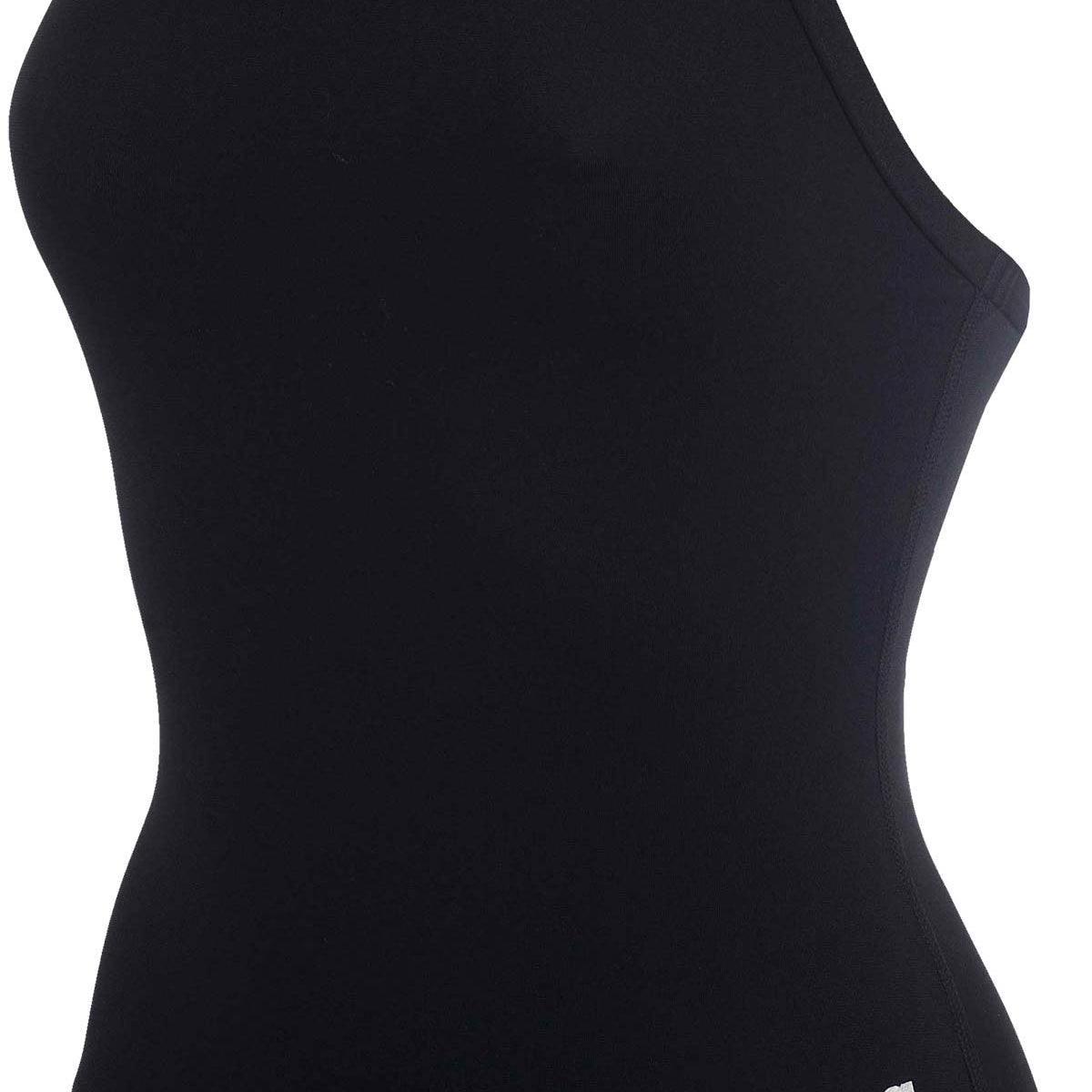 Arena Girls' Master Swimsuit - A black swimsuit with thin straps, featuring a small white logo on the left hip that reads "arena".