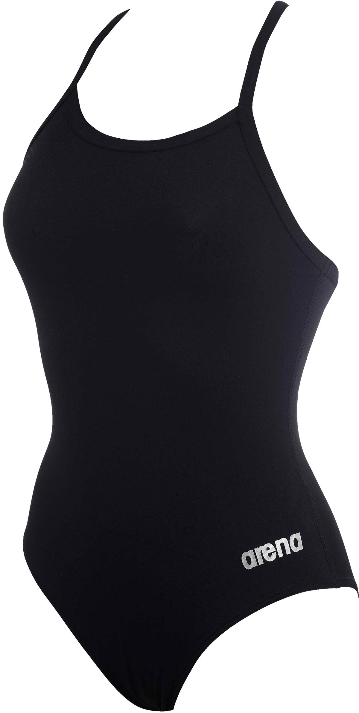 Arena Girls' Master Swimsuit - A black swimsuit with thin straps, featuring a small white logo on the left hip that reads "arena".