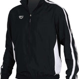 Arena Prival Warm Up Jacket - Black jacket with white logo on left chest and two zippered pockets on front.
