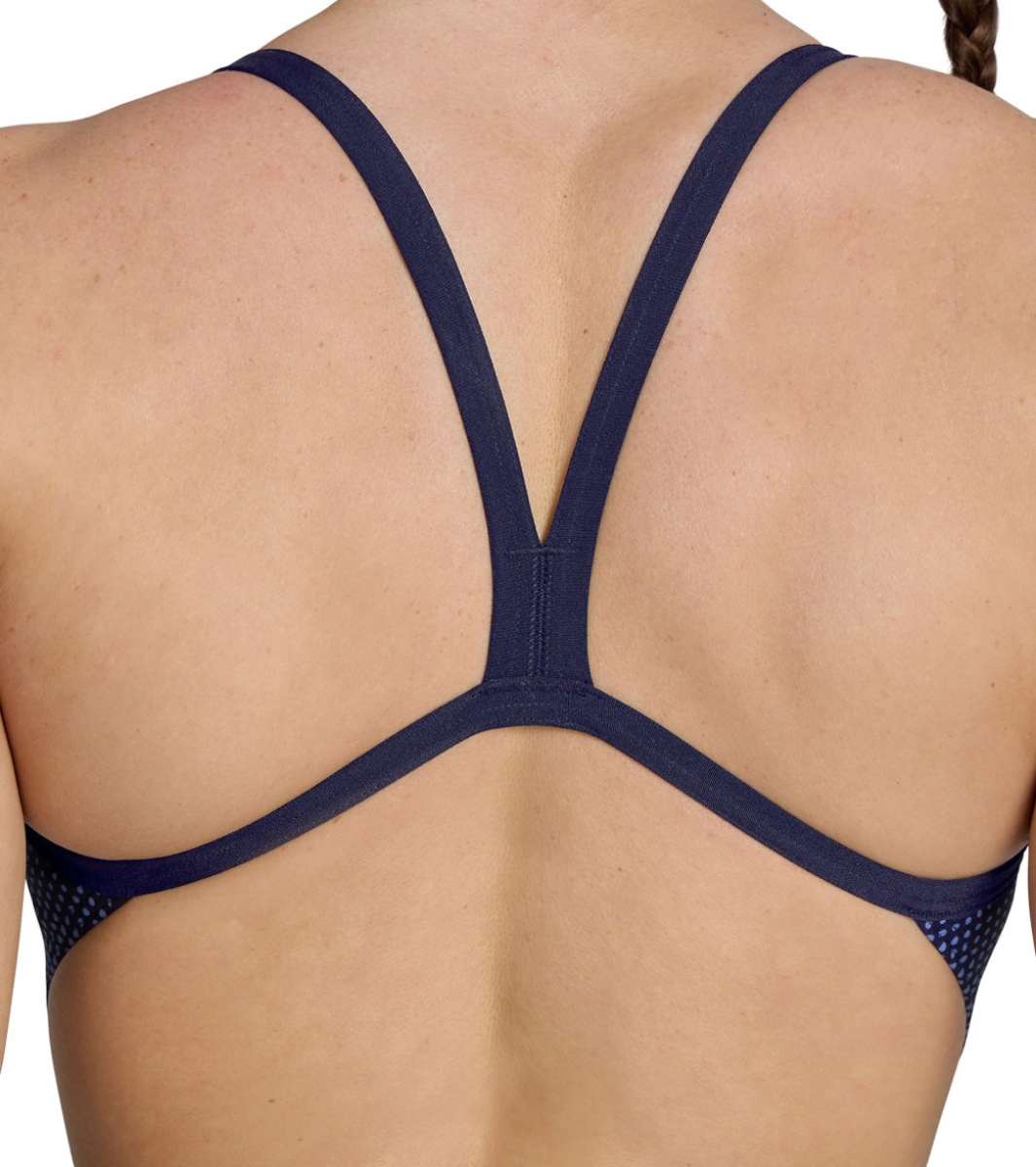 Arena Women's Halftone Challenge Back One Piece Swimsuit - A navy blue one-piece swimsuit with a halftone pattern on the back and straps.