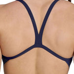 Arena Women's Halftone Challenge Back One Piece Swimsuit - A navy blue one-piece swimsuit with a halftone pattern on the back and straps.