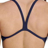 Arena Women's Halftone Challenge Back One Piece Swimsuit - A navy blue one-piece swimsuit with a halftone pattern on the back and straps.