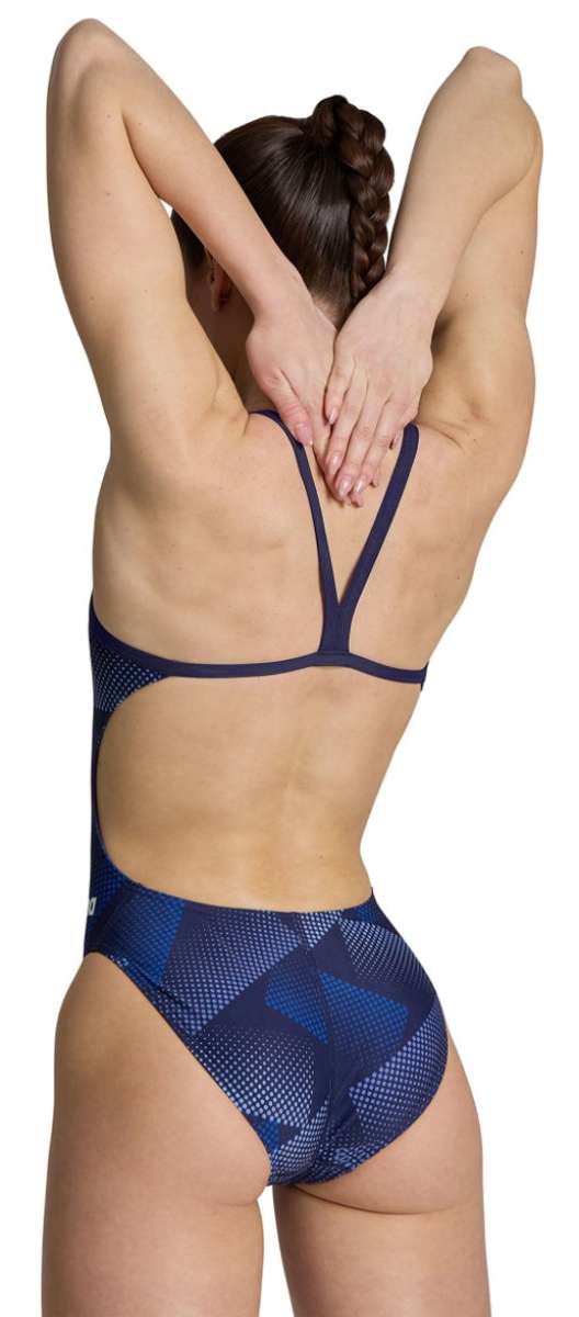 Arena Women's Halftone Challenge Back One Piece Swimsuit - A navy blue one-piece swimsuit with a geometric halftone pattern on the torso and hips.