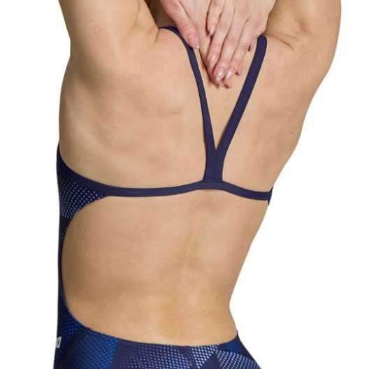 Arena Women's Halftone Challenge Back One Piece Swimsuit - A navy blue one-piece swimsuit with a geometric halftone pattern on the torso and hips.