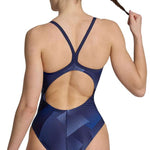 Arena Women's Halftone Lightdrop Back One Piece Swimsuit - A navy blue one-piece swimsuit with a geometric halftone pattern and lightdrop back design.