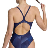 Arena Women's Halftone Lightdrop Back One Piece Swimsuit - A navy blue one-piece swimsuit with a geometric halftone pattern and lightdrop back design.