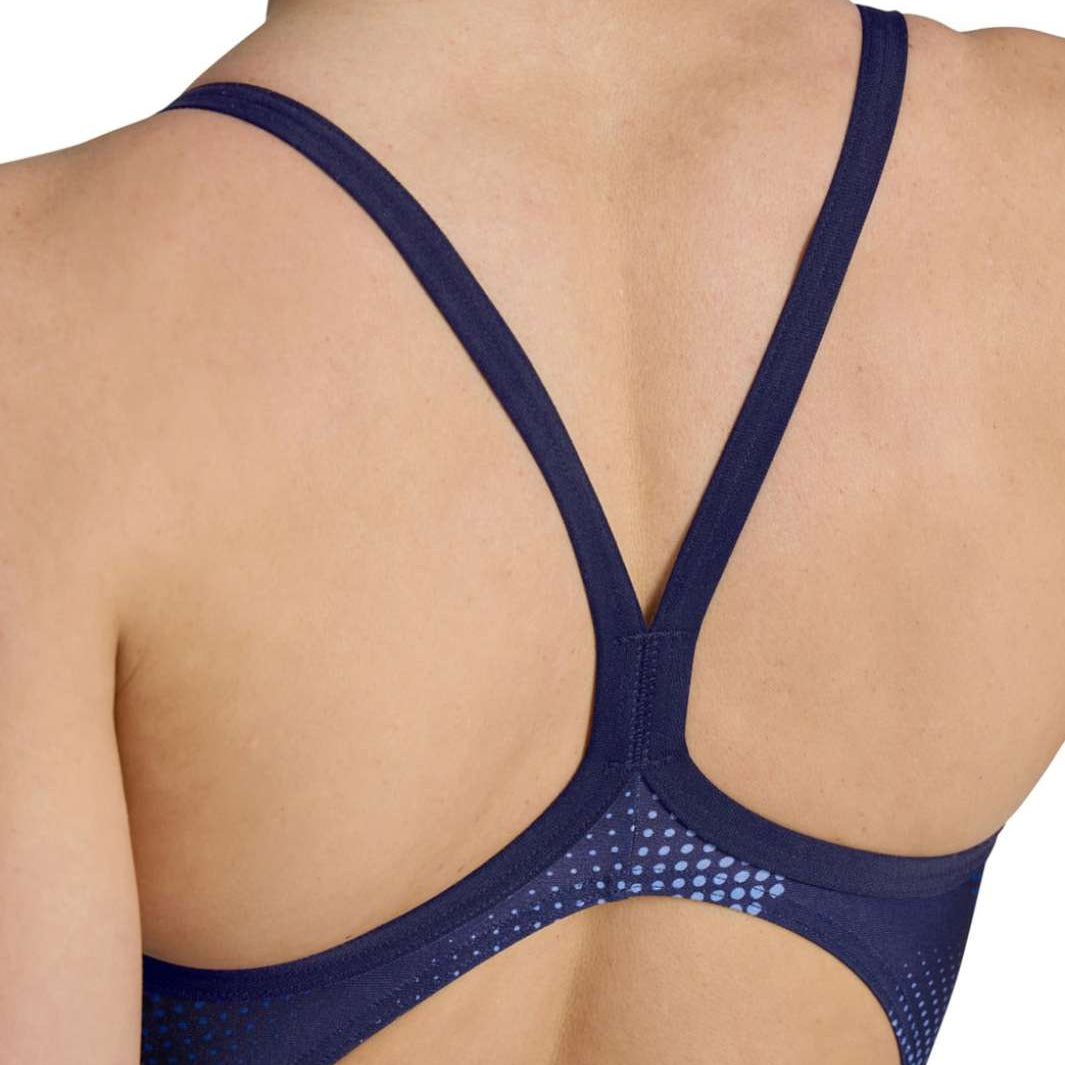Arena Women's Halftone Lightdrop Back One Piece Swimsuit - A navy blue one-piece swimsuit with a halftone pattern and light drop back design.