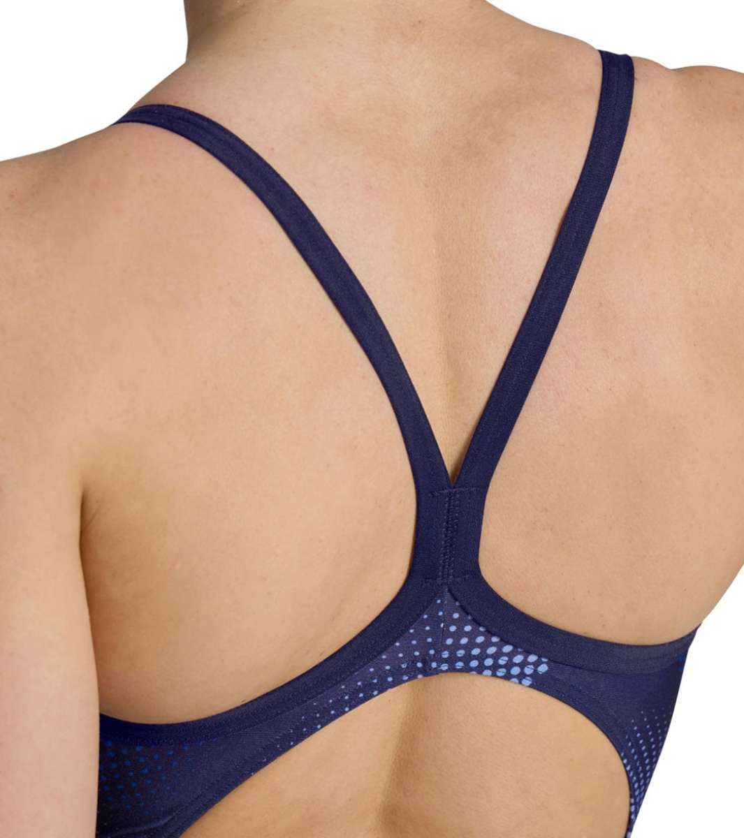 Arena Women's Halftone Lightdrop Back One Piece Swimsuit - A navy blue one-piece swimsuit with a halftone pattern and light drop back design.