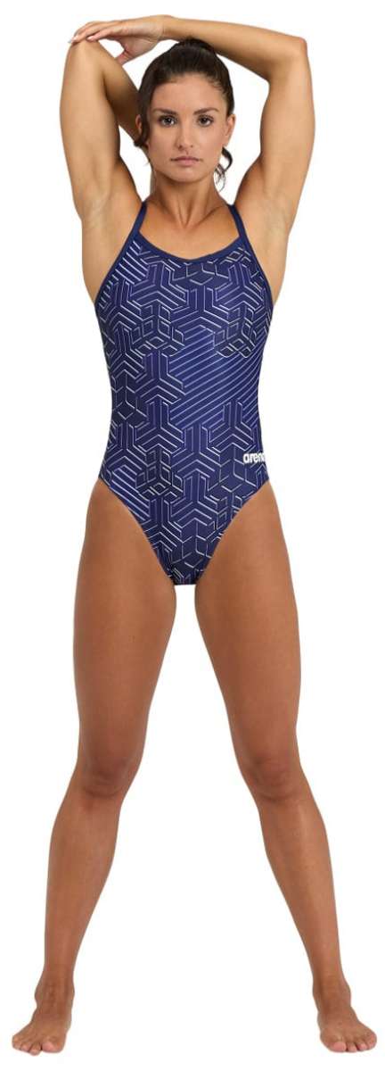 Arena Women's Kikko Pro Challenge Back One Piece Swimsuit - A dark blue one-piece swimsuit with a geometric pattern and thin straps.